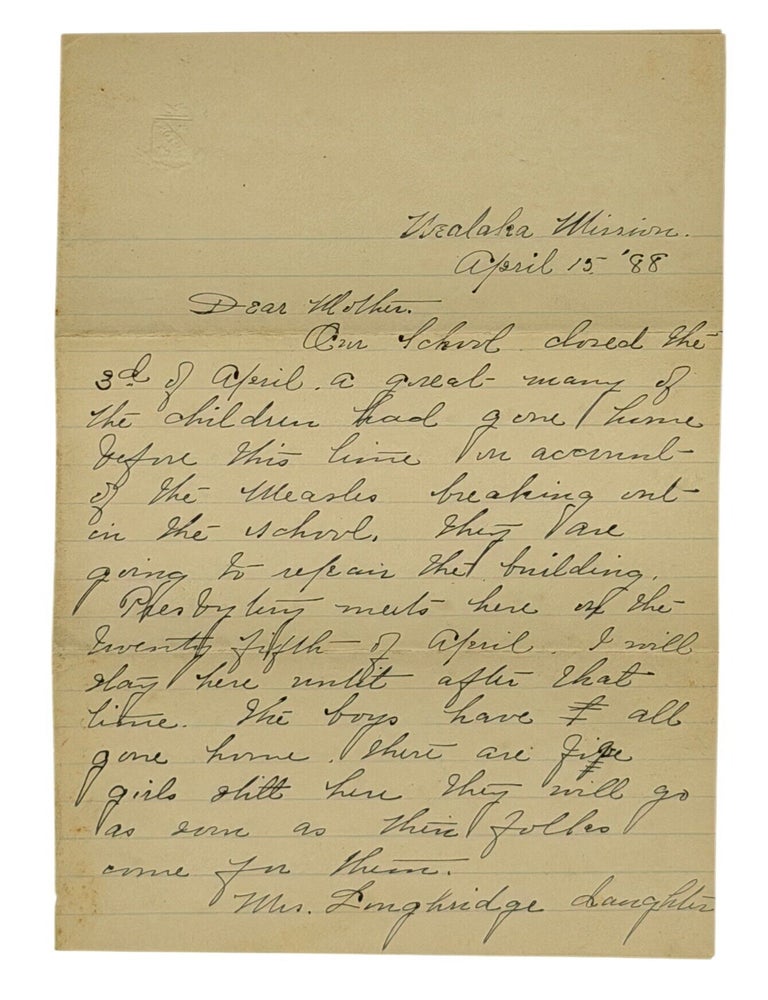 Item #15204 Letter by a Teacher at the Wealaka Mission School in the Indian Territory