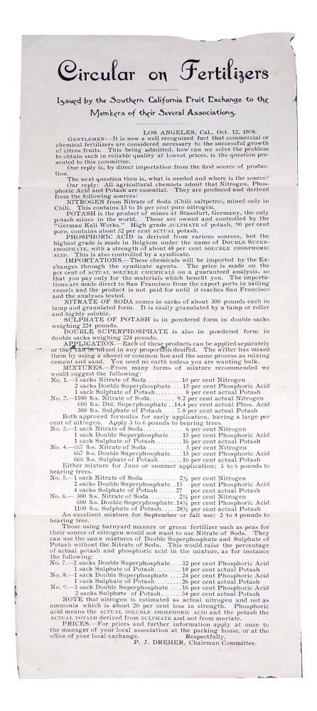 Item #5780 Circular on Fertilizers Issued by the Southern California Fruit Exchange to the Members of their Several Associations.