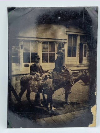 Item #7534 Half-plate Outdoor Tintype of a Long-Whiskered Man and a Woman Preparing for a Ride on...