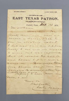 Item #8371 Autograph Letter by Texas Newspaperman and Politican Rienzi Melville Johnston. Rienzi...