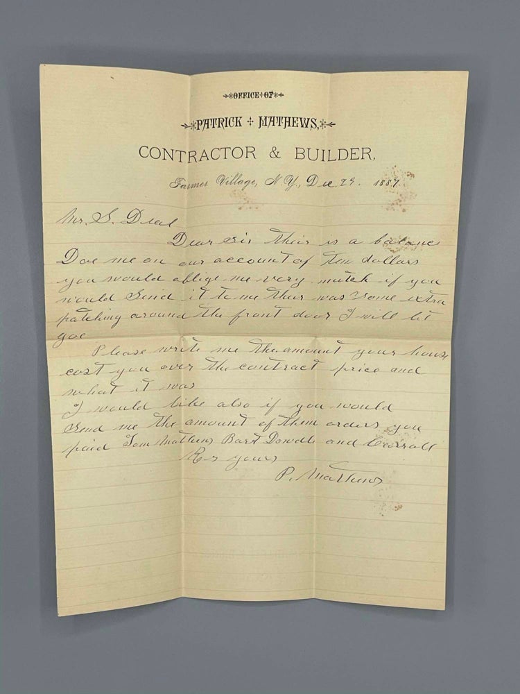 Item #8392 Archive of Six Letters from Building Contractors in Farmer Village, NY Sent to Solomon Deals of Seneca Falls