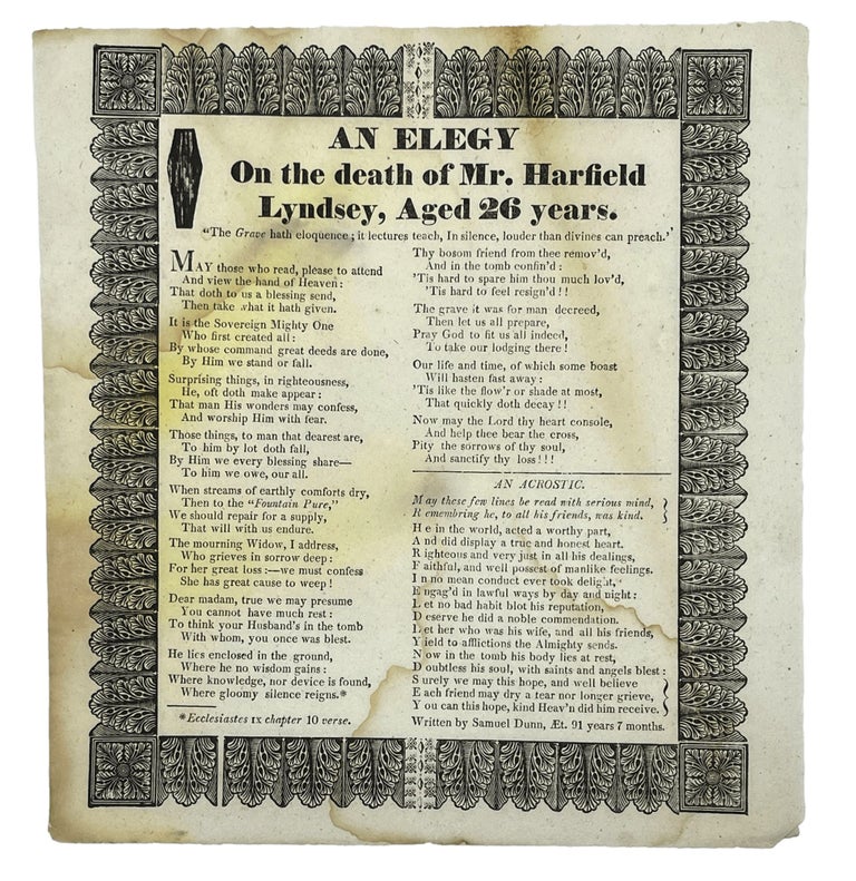 Item #9200 An Elegy On the death of Mr. Harfield Lyndsey, Aged 26 years.